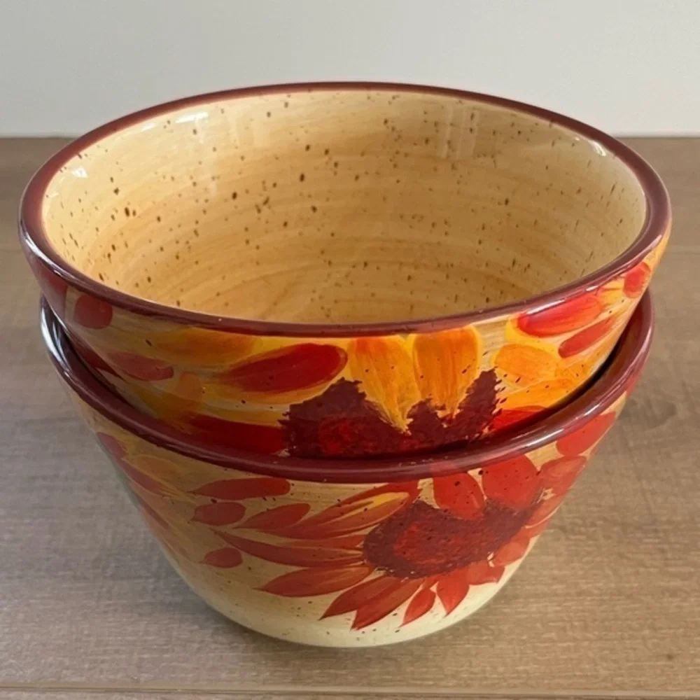 Pfaltzgraff Evening Sun Coupe 2 Cereal Bowls‎ 6" Red Yellow Sunflowers Retired - Picture 11 of 12